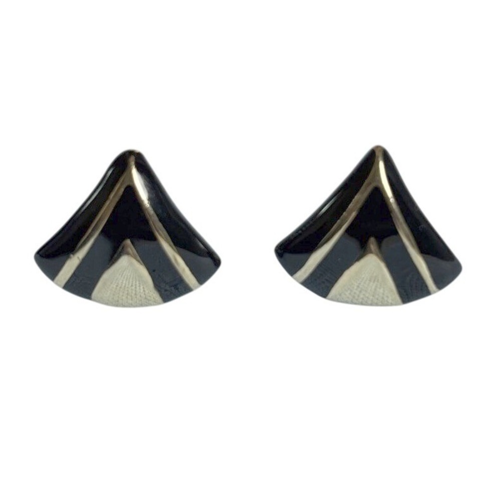 Vintage Trifari Black Enamel Gold Tone Fan Clip On Earrings Art Deco Geometric